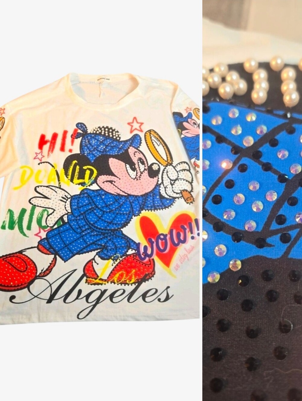 Rhinestone Mickey Mouse Shirt Number One Los Angeles Pearl Bling Streetwear LA